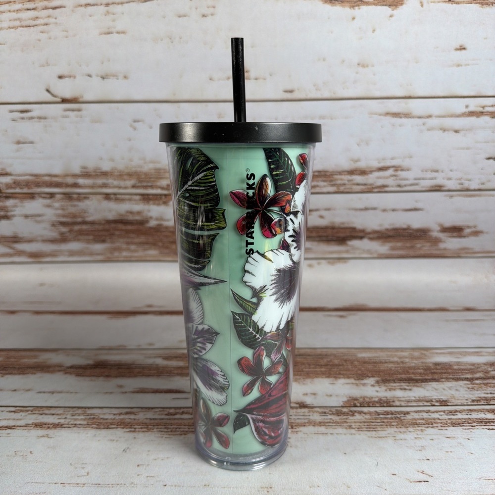Starbucks Green Floral 24oz Plastic Tumbler Cup With Lid & Straw - Picture 3 of 6